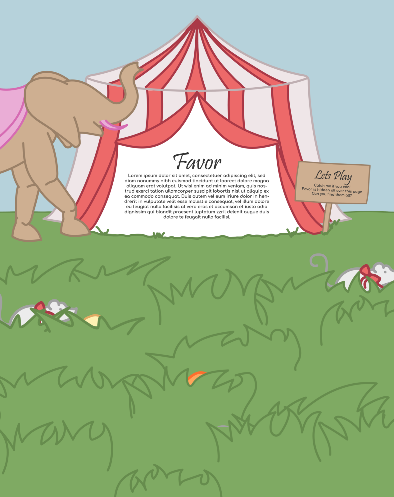 Image of the main website design, an elephant next to a tent with various tiers of grass in front of it with various pictures hidden amongst the grass.